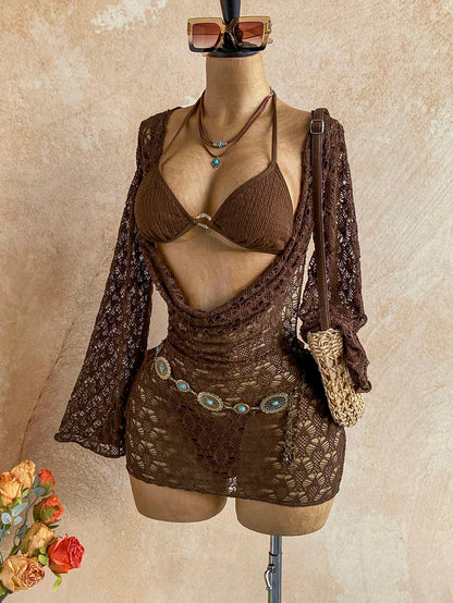 Soleia 3pcs Women's Sexy Bikini Set, Brown Mesh Cover-Up Dress, Fashionable Swimwear Summer Beach Party Vacation Bathing Suit