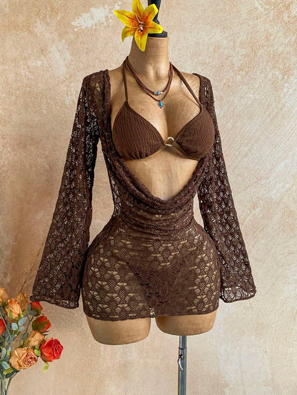 Soleia 3pcs Women's Sexy Bikini Set, Brown Mesh Cover-Up Dress, Fashionable Swimwear Summer Beach Party Vacation Bathing Suit