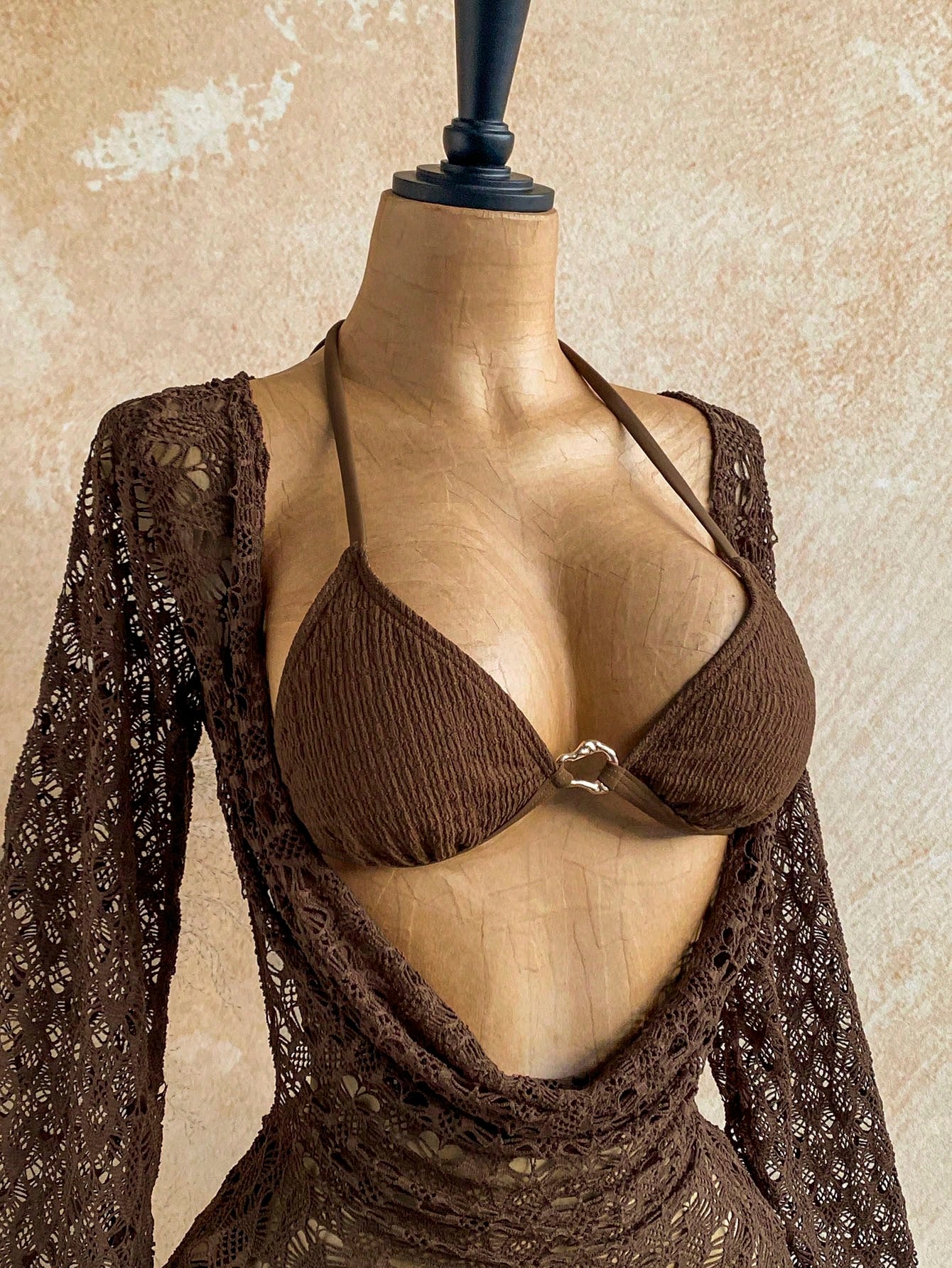 Soleia 3pcs Women's Sexy Bikini Set, Brown Mesh Cover-Up Dress, Fashionable Swimwear Summer Beach Party Vacation Bathing Suit