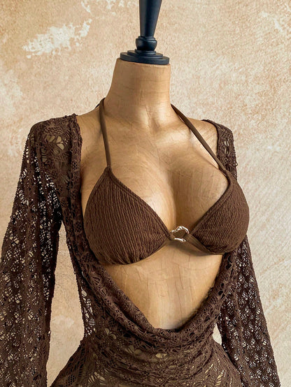 Soleia 3pcs Women's Sexy Bikini Set, Brown Mesh Cover-Up Dress, Fashionable Swimwear Summer Beach Party Vacation Bathing Suit