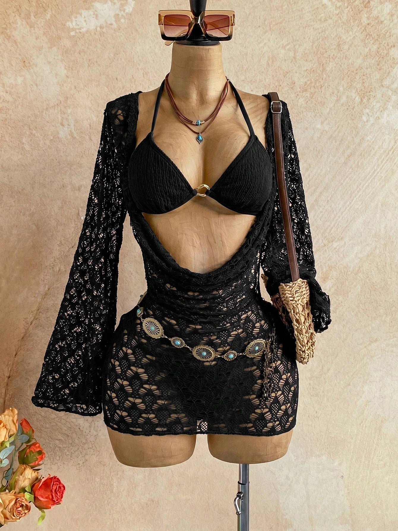 Soleia 3pcs Women's Sexy Bikini Set, Brown Mesh Cover-Up Dress, Fashionable Swimwear Summer Beach Party Vacation Bathing Suit