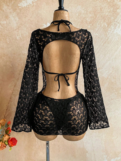 Soleia 3pcs Women's Sexy Bikini Set, Brown Mesh Cover-Up Dress, Fashionable Swimwear Summer Beach Party Vacation Bathing Suit