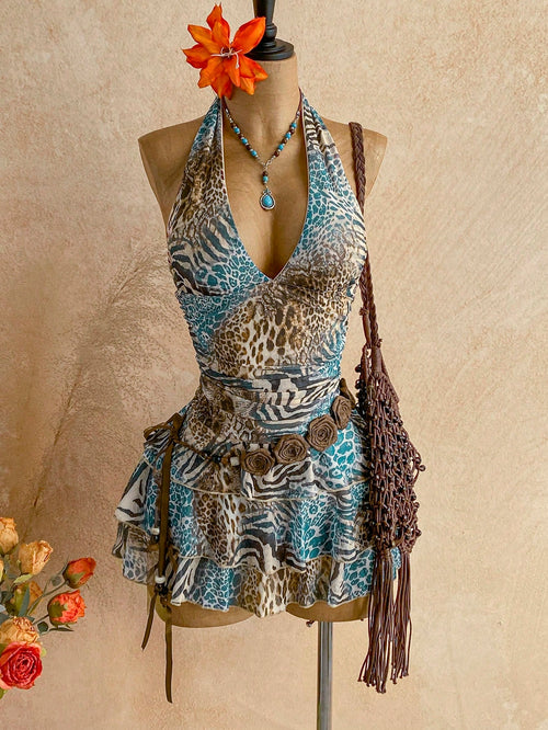 Soleia Autumn/Winter Vintage Zebra Tie Dye Print V-Neck Tie-Up Mesh Ruched Holiday Dress/Short Dress For Women,Summer Dress,Vacation Dresses,No Chest Padding