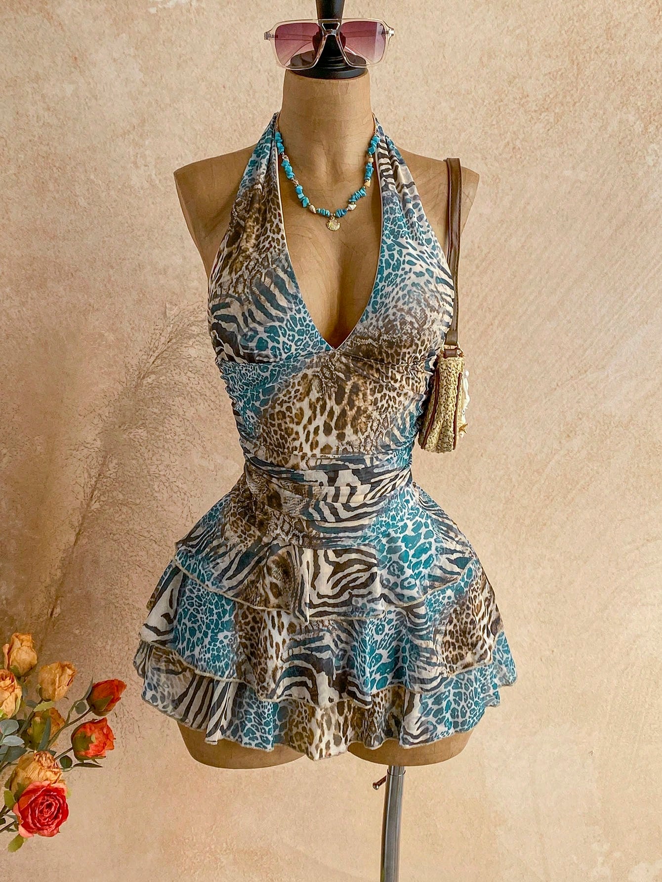 Soleia Autumn/Winter Vintage Zebra Tie Dye Print V-Neck Tie-Up Mesh Ruched Holiday Dress/Short Dress For Women,Summer Dress,Vacation Dresses,No Chest Padding