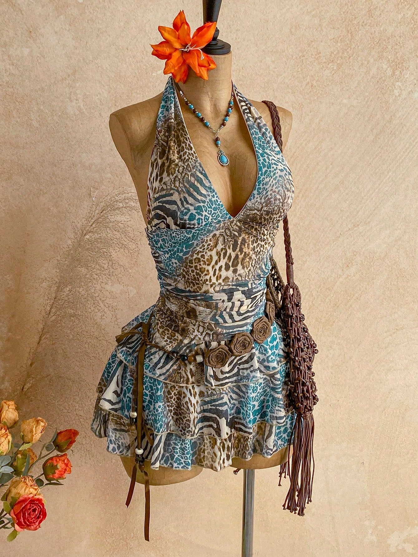 Soleia Autumn/Winter Vintage Zebra Tie Dye Print V-Neck Tie-Up Mesh Ruched Holiday Dress/Short Dress For Women,Summer Dress,Vacation Dresses,No Chest Padding