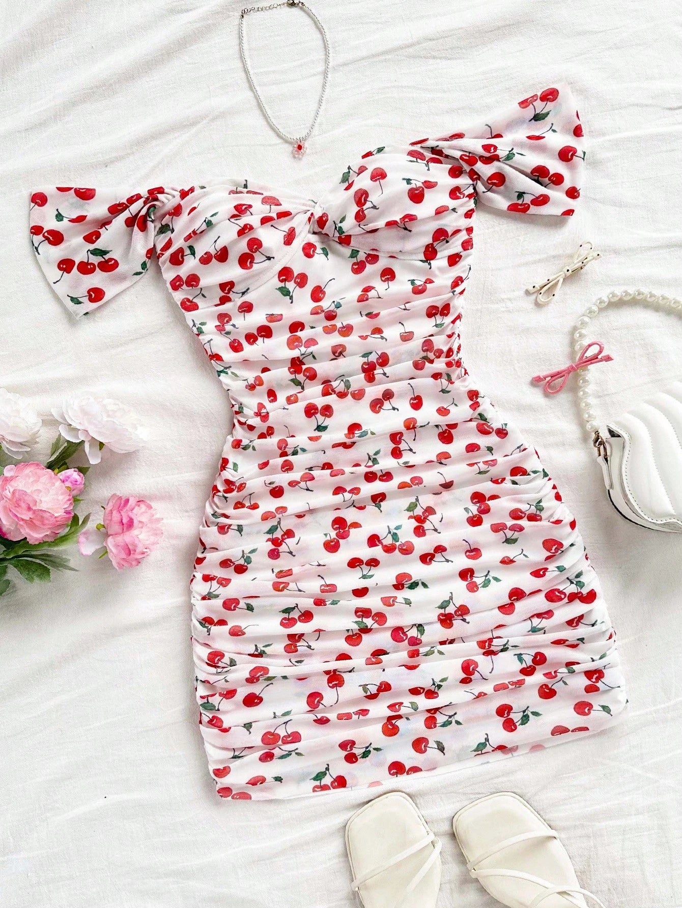 Soleia Bandeau Vacation Knit Mesh Off Shoulder Bodycon Dress For Women Cherry Print Dress Bandeau Dress Ruched Dress No Chest Padding