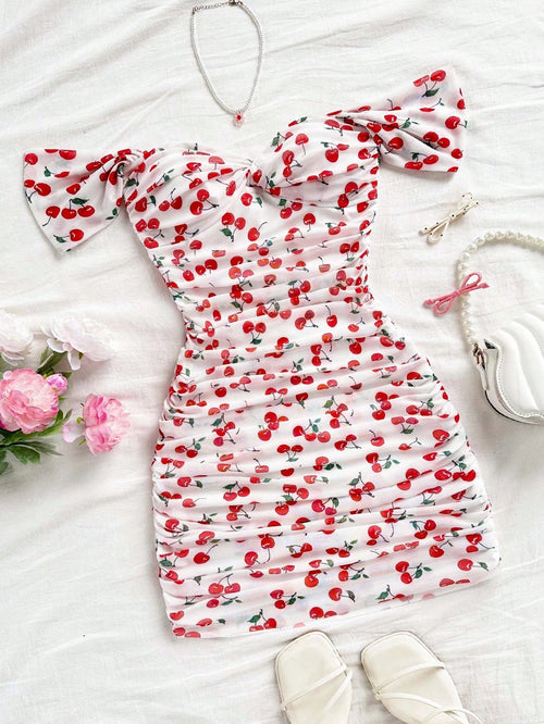 Soleia Bandeau Vacation Knit Mesh Off Shoulder Bodycon Dress For Women Cherry Print Dress Bandeau Dress Ruched Dress No Chest Padding