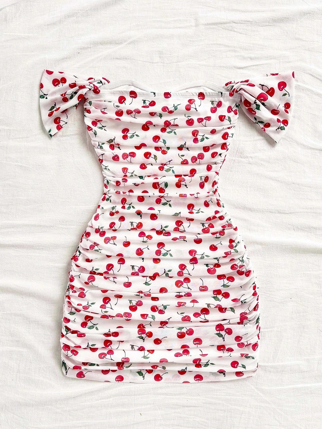 Soleia Bandeau Vacation Knit Mesh Off Shoulder Bodycon Dress For Women Cherry Print Dress Bandeau Dress Ruched Dress No Chest Padding