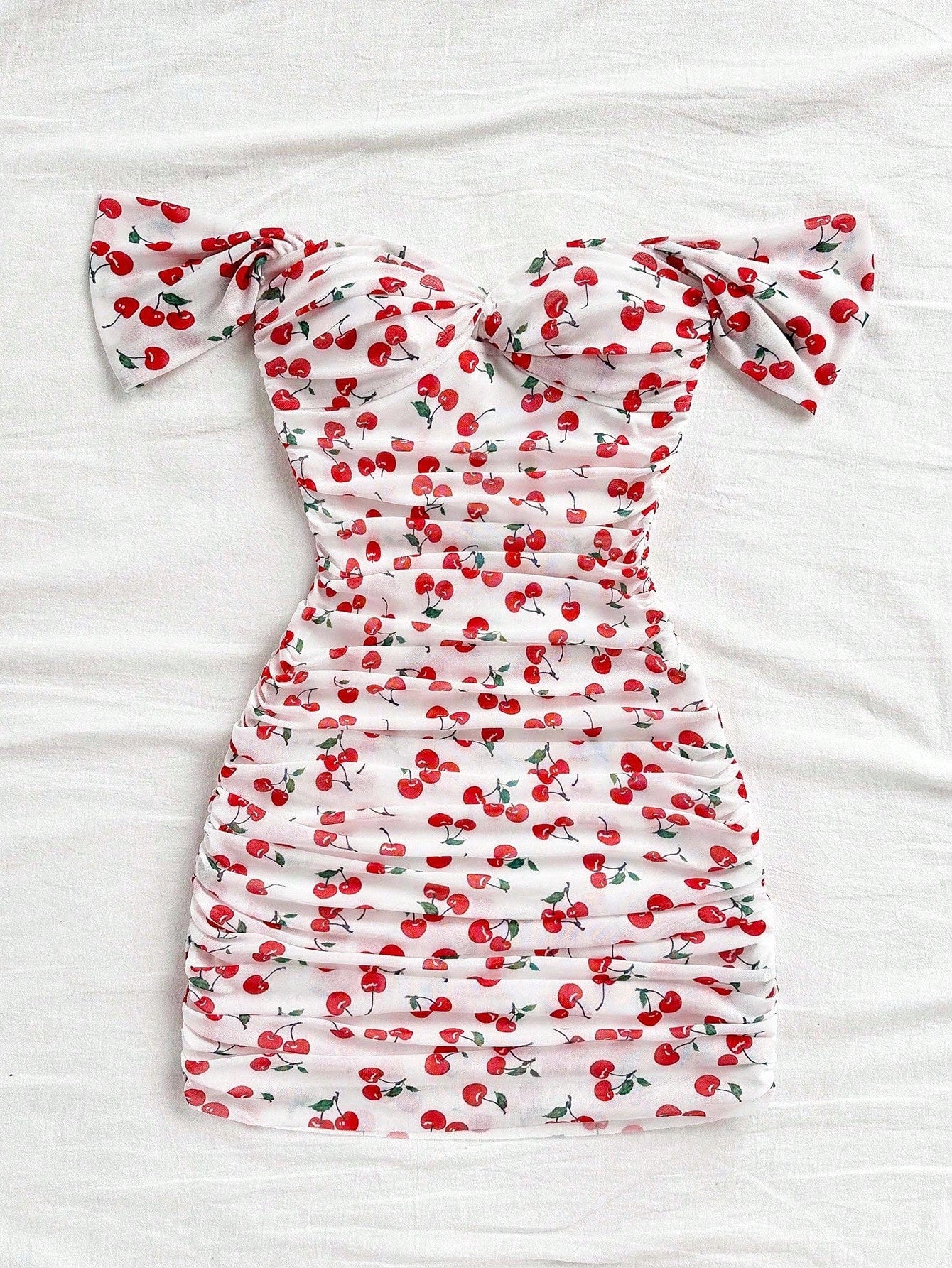 Soleia Bandeau Vacation Knit Mesh Off Shoulder Bodycon Dress For Women Cherry Print Dress Bandeau Dress Ruched Dress No Chest Padding