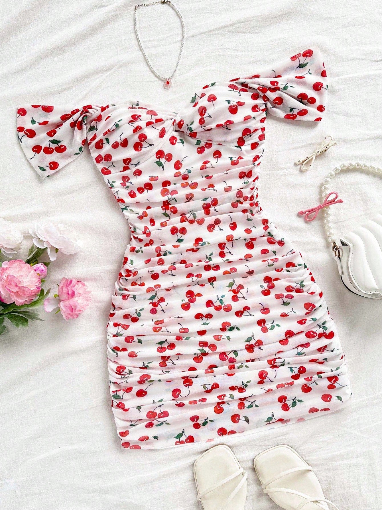 Soleia Bandeau Vacation Knit Mesh Off Shoulder Bodycon Dress For Women Cherry Print Dress Bandeau Dress Ruched Dress No Chest Padding