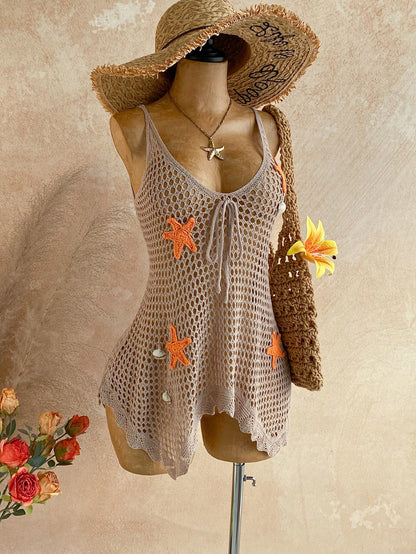Soleia Beach Outfit For Women Summer Outfits Vacation Outfits Women Beach Dresses Women's V-Neck Hollow Star Decor Asymmetrical Hem Cover Up