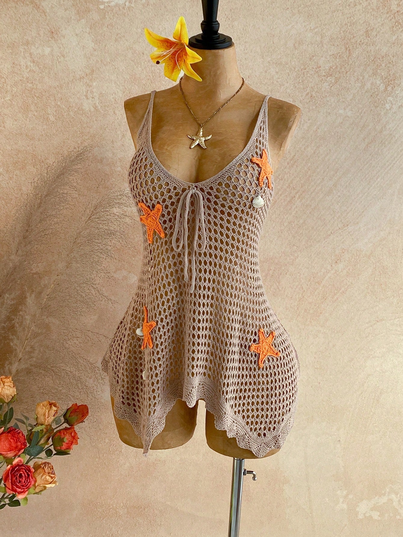 Soleia Beach Outfit For Women Summer Outfits Vacation Outfits Women Beach Dresses Women's V-Neck Hollow Star Decor Asymmetrical Hem Cover Up
