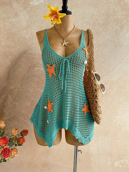 Soleia Beach Outfit For Women Summer Outfits Vacation Outfits Women Beach Dresses Women's V-Neck Hollow Star Decor Asymmetrical Hem Cover Up