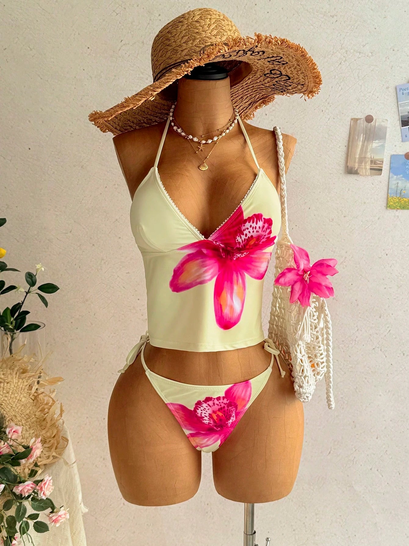 Soleia Beach Set Summer Vacation Outfits Women Elegant Women's Beach Swimwear Women's Summer Beach Floral Print Halter Tie Sexy Bikini Swimwear Set