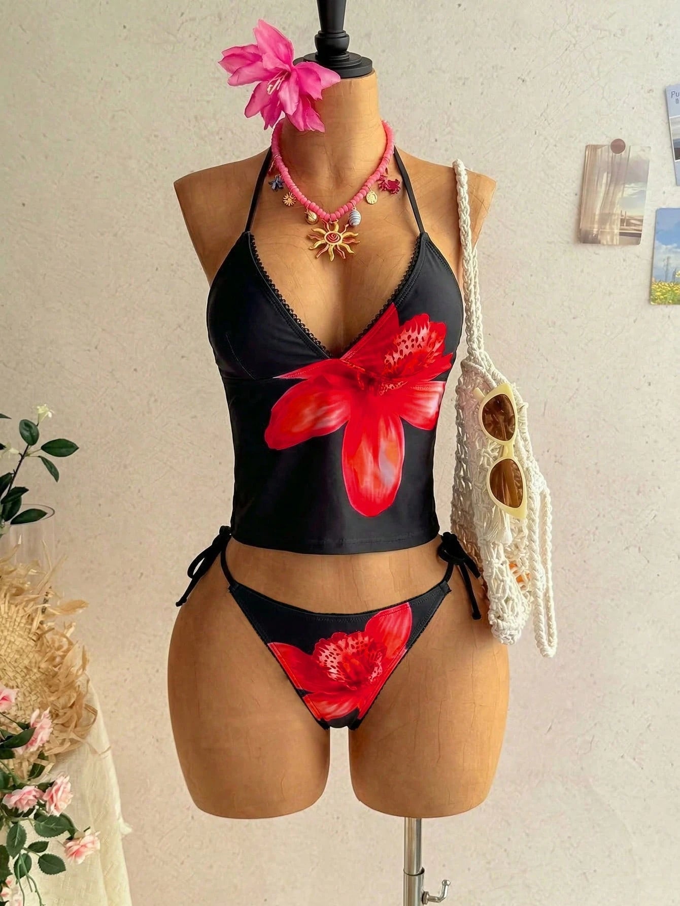 Soleia Beach Set Summer Vacation Outfits Women Elegant Women's Beach Swimwear Women's Summer Beach Floral Print Halter Tie Sexy Bikini Swimwear Set