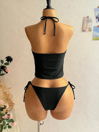 Soleia Beach Set Summer Vacation Outfits Women Elegant Women's Beach Swimwear Women's Summer Beach Floral Print Halter Tie Sexy Bikini Swimwear Set