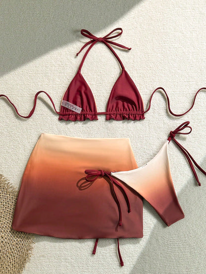 Soleia Beige,Summer,Casual,Beach,Holiday,Vacation,Holiday,Bohemian 3pcs Women Gradient Red Tie-Dye Reversible Bikini Set, Floral Swimsuit,Party