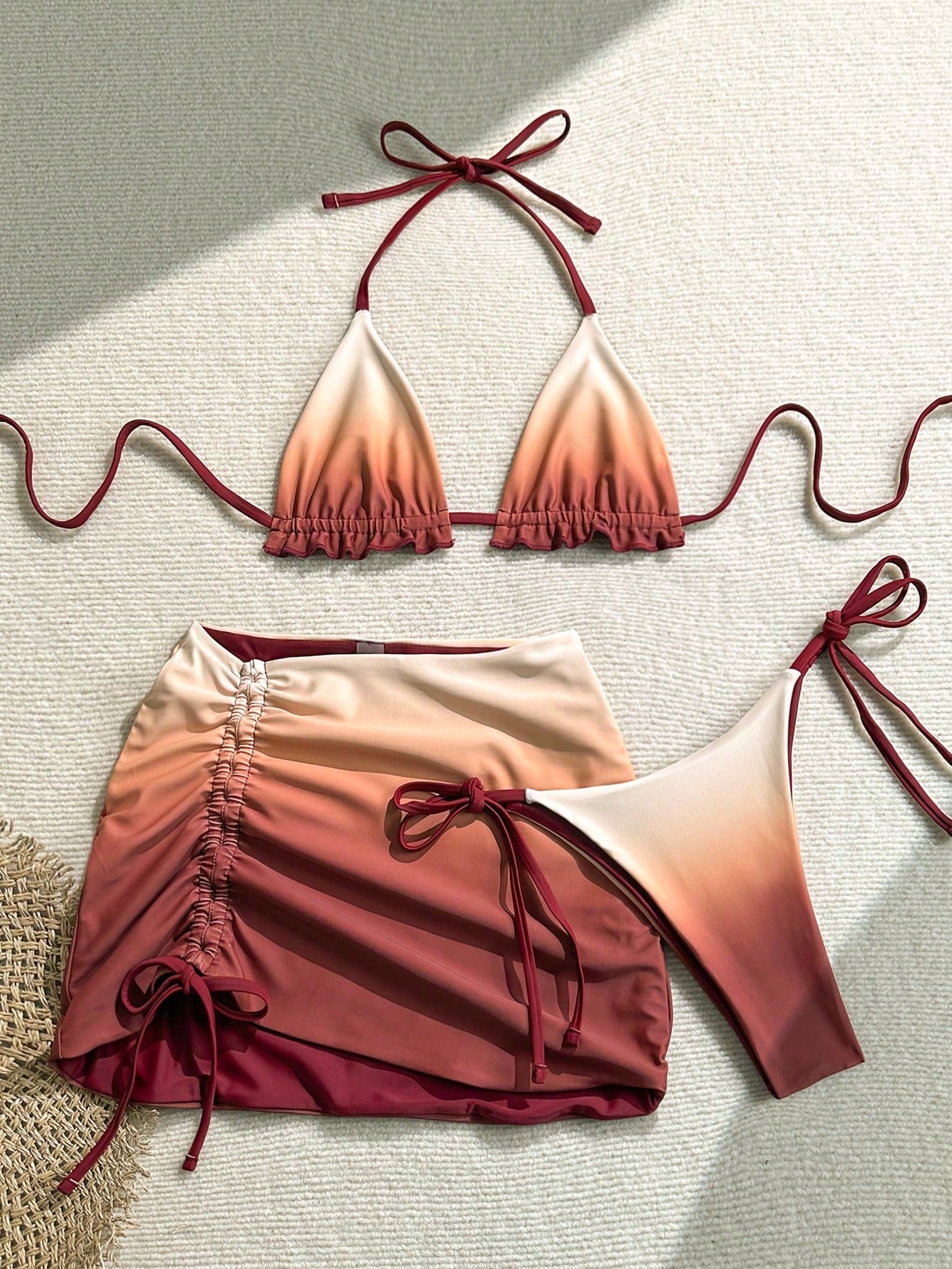 Soleia Beige,Summer,Casual,Beach,Holiday,Vacation,Holiday,Bohemian 3pcs Women Gradient Red Tie-Dye Reversible Bikini Set, Floral Swimsuit,Party