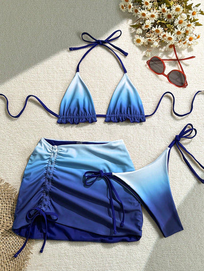 Soleia Beige,Summer,Casual,Beach,Holiday,Vacation,Holiday,Bohemian 3pcs Women Gradient Red Tie-Dye Reversible Bikini Set, Floral Swimsuit,Party
