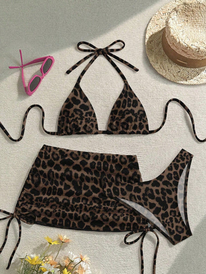 Soleia Casual Minimalist Sexy Brown Leopard Print Full Coverage Women Swimwear Set, Suitable For Spring & Summer
