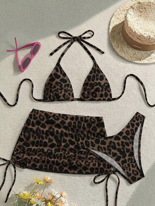 Soleia Casual Minimalist Sexy Brown Leopard Print Full Coverage Women Swimwear Set, Suitable For Spring & Summer