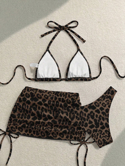 Soleia Casual Minimalist Sexy Brown Leopard Print Full Coverage Women Swimwear Set, Suitable For Spring & Summer