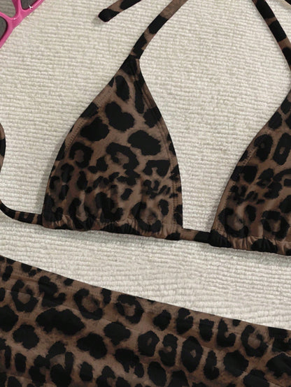 Soleia Casual Minimalist Sexy Brown Leopard Print Full Coverage Women Swimwear Set, Suitable For Spring & Summer