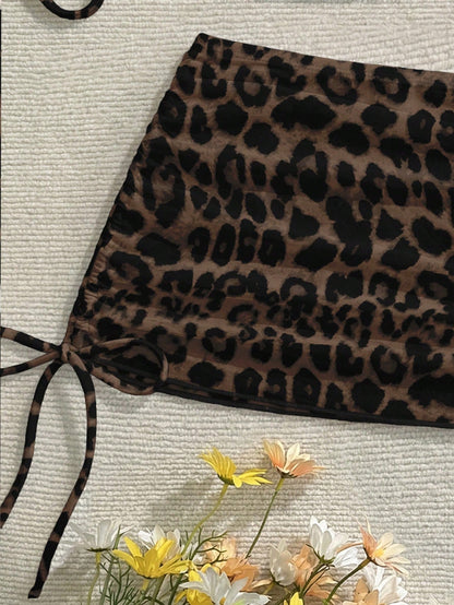 Soleia Casual Minimalist Sexy Brown Leopard Print Full Coverage Women Swimwear Set, Suitable For Spring & Summer