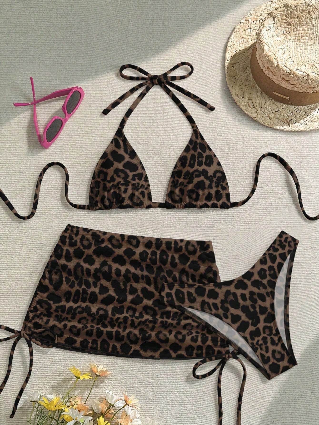 Soleia Casual Minimalist Sexy Brown Leopard Print Full Coverage Women Swimwear Set, Suitable For Spring & Summer