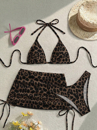 Soleia Casual Minimalist Sexy Brown Leopard Print Full Coverage Women Swimwear Set, Suitable For Spring & Summer