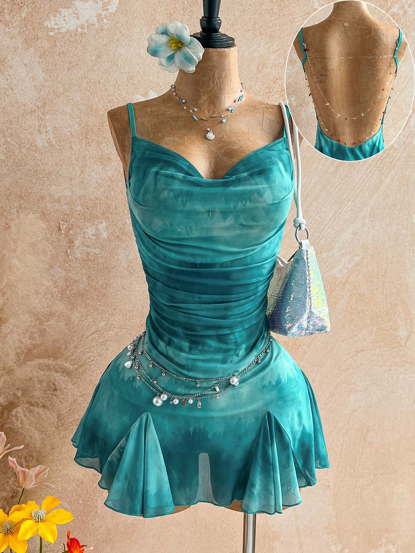 Soleia Dark Teal Summer 70s Night Out Party Vacation Spaghetti Strap Mini Dress,Plunging Neckline,Backless With Double Chain, Mesh Girlish Outfit