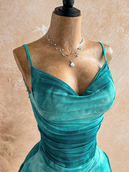 Soleia Dark Teal Summer 70s Night Out Party Vacation Spaghetti Strap Mini Dress,Plunging Neckline,Backless With Double Chain, Mesh Girlish Outfit