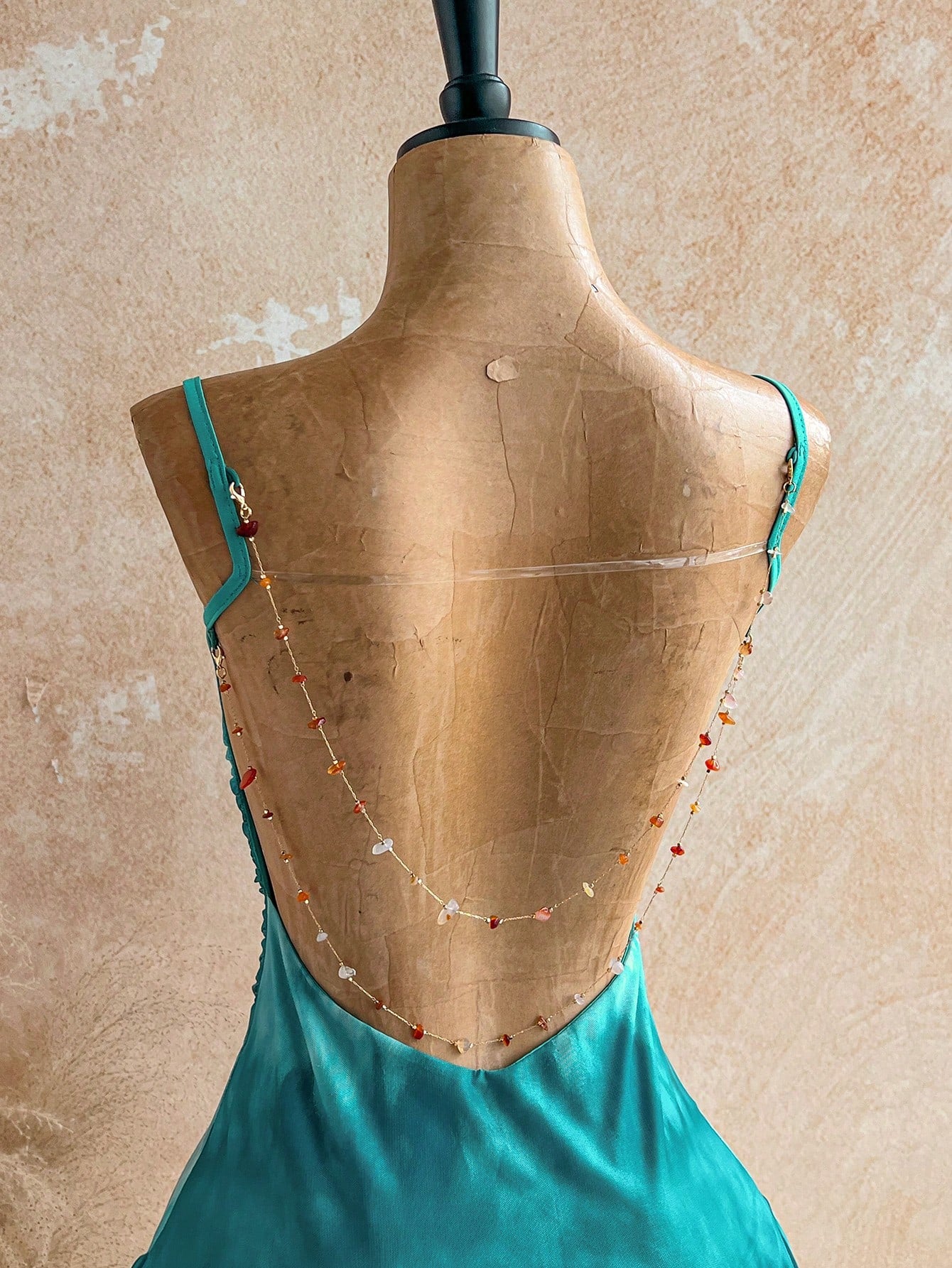 Soleia Dark Teal Summer 70s Night Out Party Vacation Spaghetti Strap Mini Dress,Plunging Neckline,Backless With Double Chain, Mesh Girlish Outfit