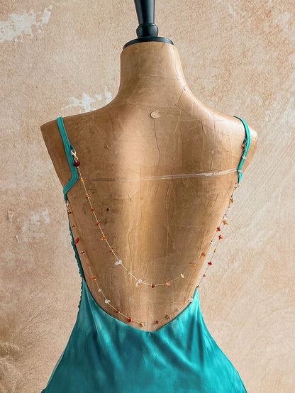 Soleia Dark Teal Summer 70s Night Out Party Vacation Spaghetti Strap Mini Dress,Plunging Neckline,Backless With Double Chain, Mesh Girlish Outfit