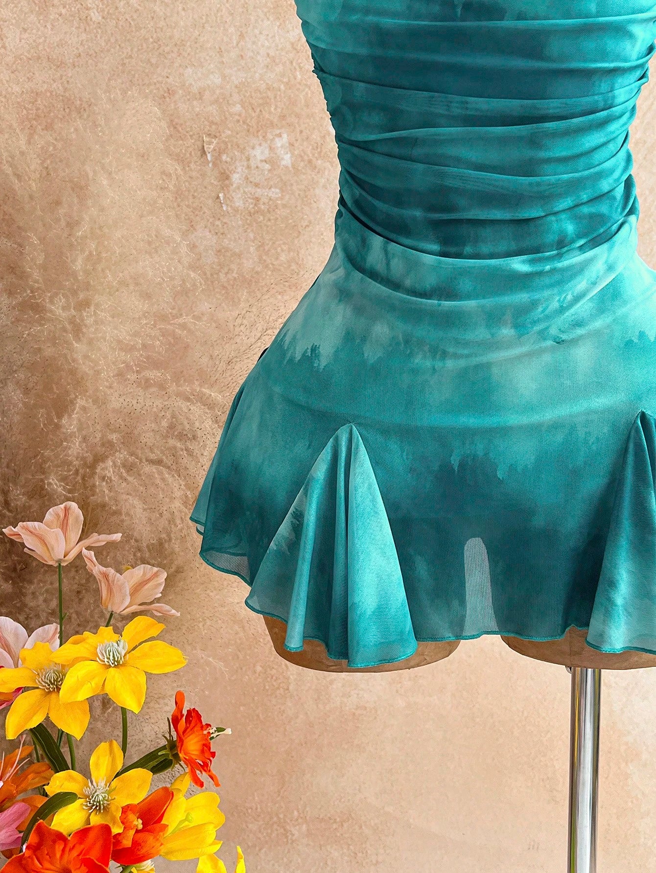 Soleia Dark Teal Summer 70s Night Out Party Vacation Spaghetti Strap Mini Dress,Plunging Neckline,Backless With Double Chain, Mesh Girlish Outfit
