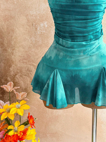 Soleia Dark Teal Summer 70s Night Out Party Vacation Spaghetti Strap Mini Dress,Plunging Neckline,Backless With Double Chain, Mesh Girlish Outfit