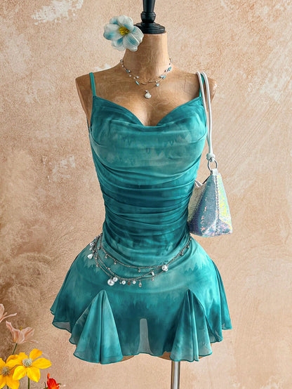 Soleia Dark Teal Summer 70s Night Out Party Vacation Spaghetti Strap Mini Dress,Plunging Neckline,Backless With Double Chain, Mesh Girlish Outfit
