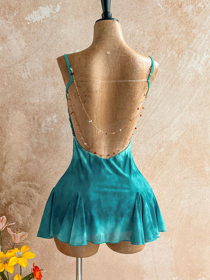 Soleia Dark Teal Summer 70s Night Out Party Vacation Spaghetti Strap Mini Dress,Plunging Neckline,Backless With Double Chain, Mesh Girlish Outfit