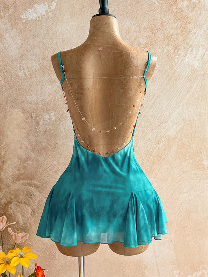 Soleia Dark Teal Summer 70s Night Out Party Vacation Spaghetti Strap Mini Dress,Plunging Neckline,Backless With Double Chain, Mesh Girlish Outfit