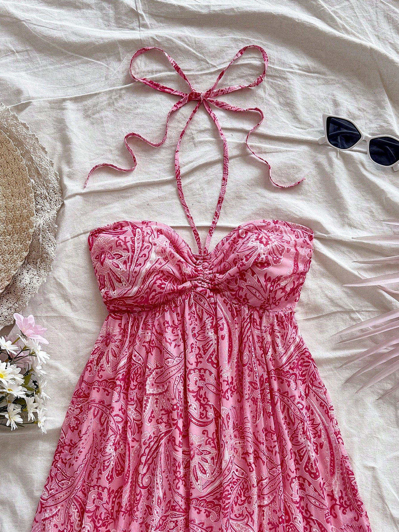 Soleia Hippie Women's Sleeveless Halter Neck Paisley Printed Dress,Sun Dress No Chest Padding