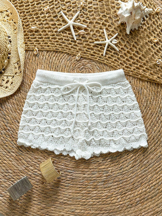 Soleia Knitted Crochet Drawstring Hollow Out Slim Fit Bow Shorts