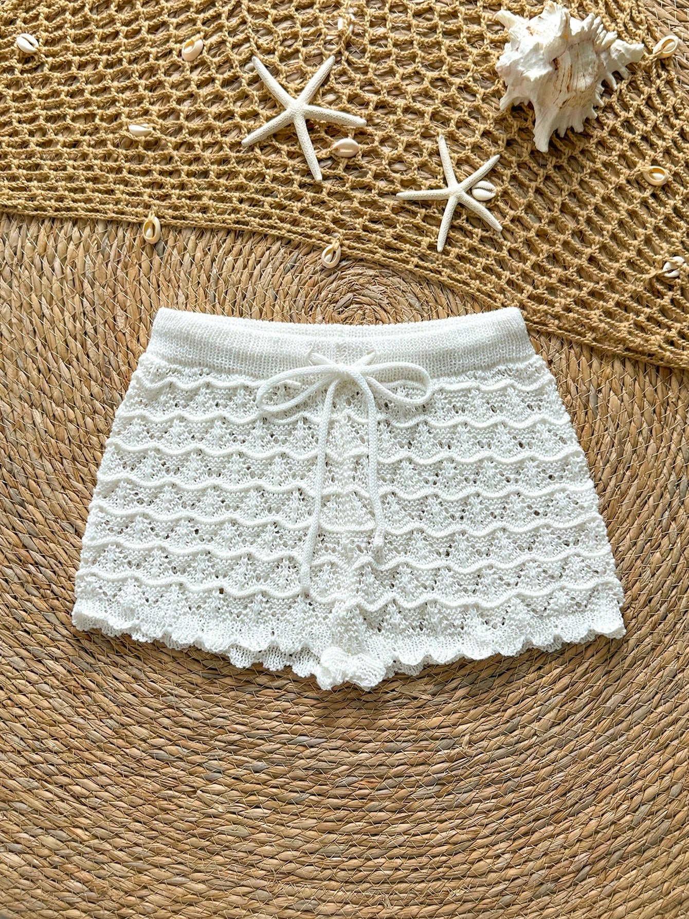 Soleia Knitted Crochet Drawstring Hollow Out Slim Fit Bow Shorts