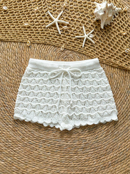 Soleia Knitted Crochet Drawstring Hollow Out Slim Fit Bow Shorts