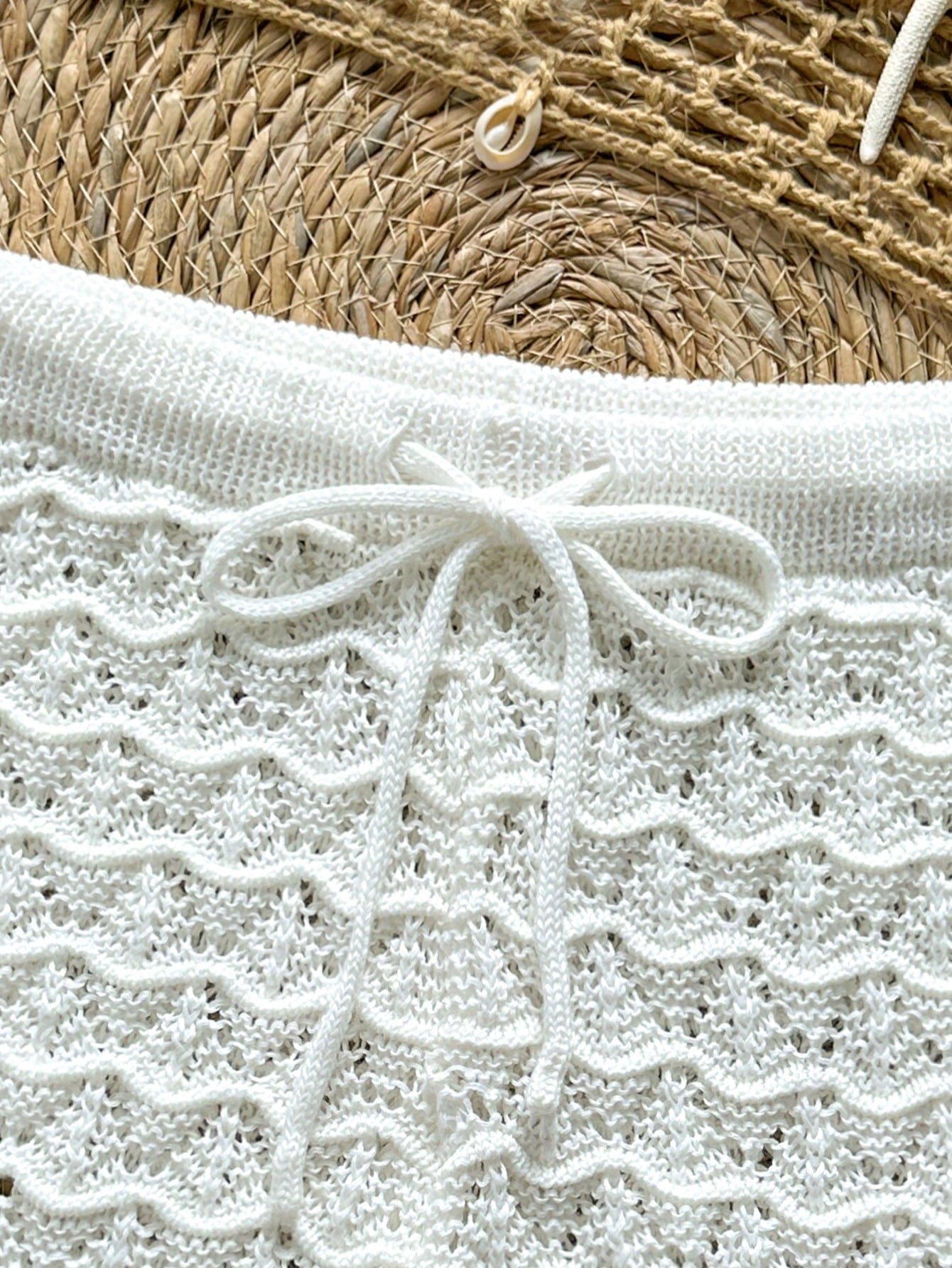 Soleia Knitted Crochet Drawstring Hollow Out Slim Fit Bow Shorts