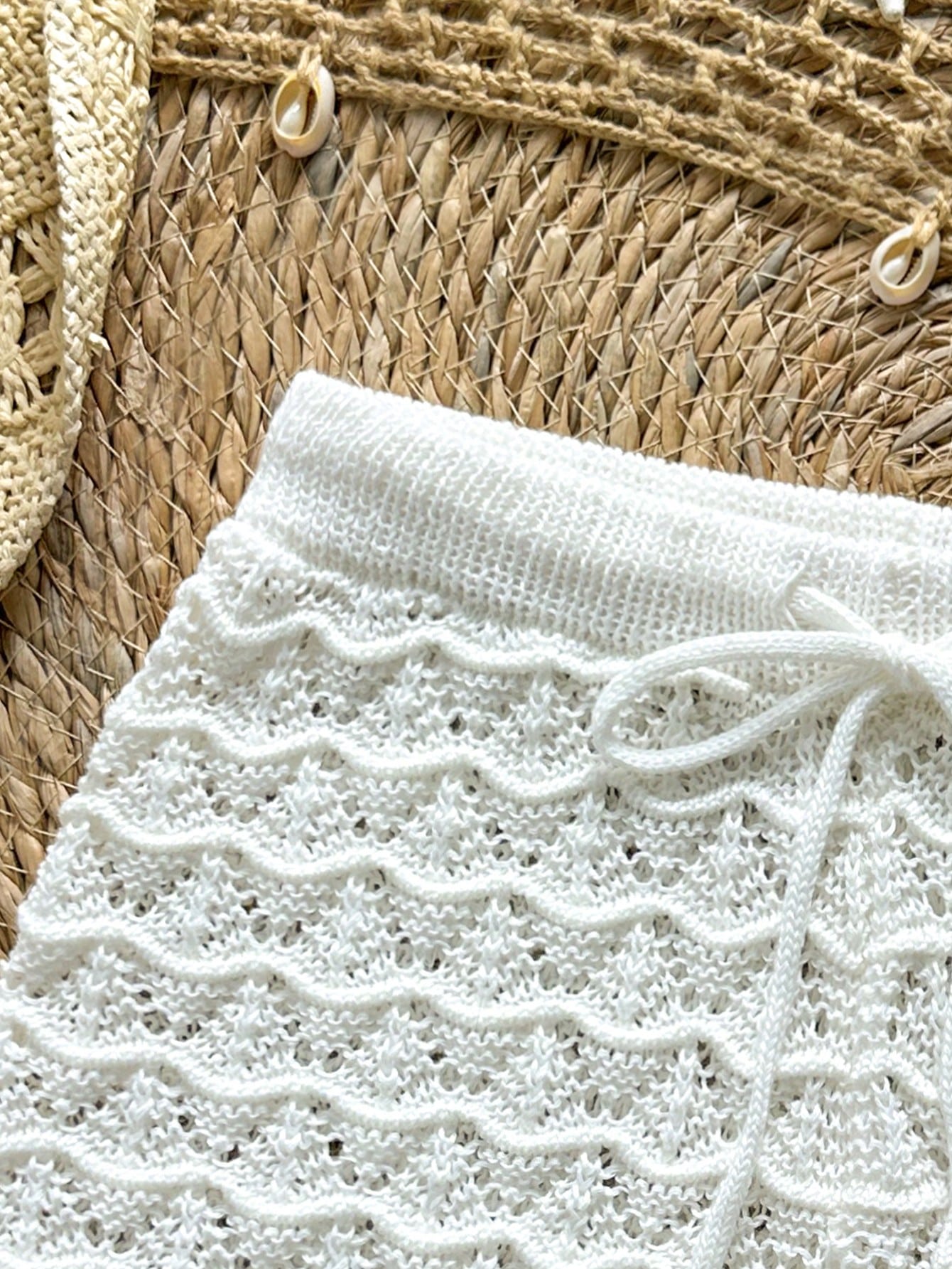 Soleia Knitted Crochet Drawstring Hollow Out Slim Fit Bow Shorts
