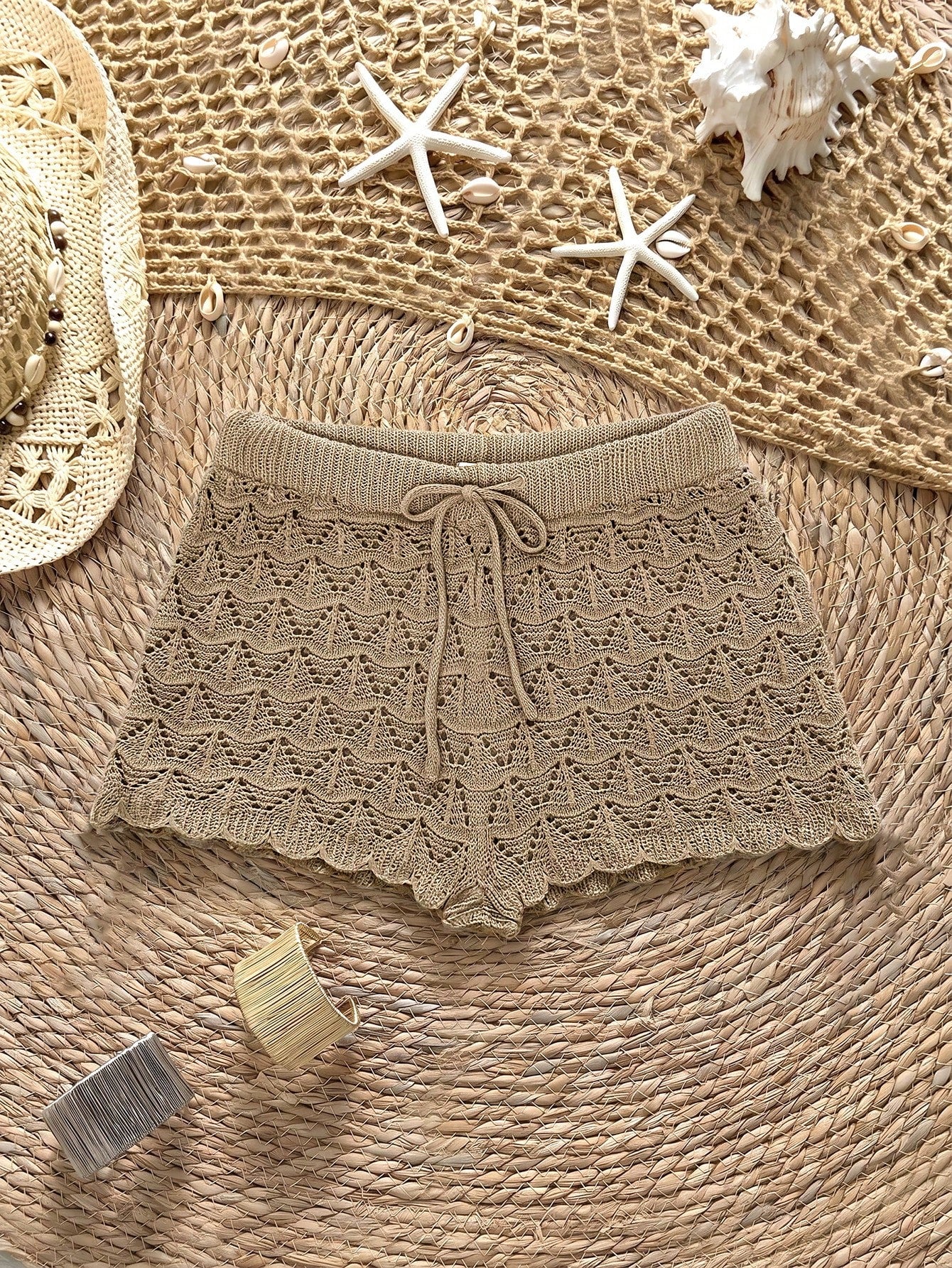 Soleia Knitted Crochet Drawstring Hollow Out Slim Fit Bow Shorts