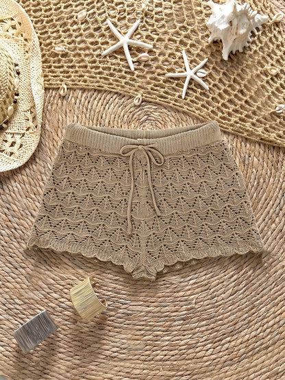 Soleia Knitted Crochet Drawstring Hollow Out Slim Fit Bow Shorts