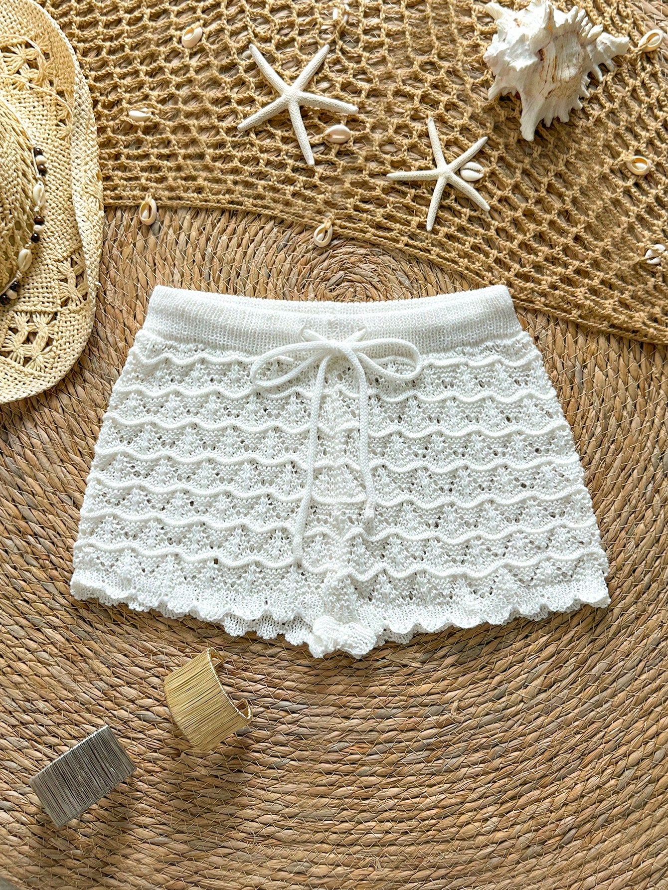 Soleia Knitted Crochet Drawstring Hollow Out Slim Fit Bow Shorts