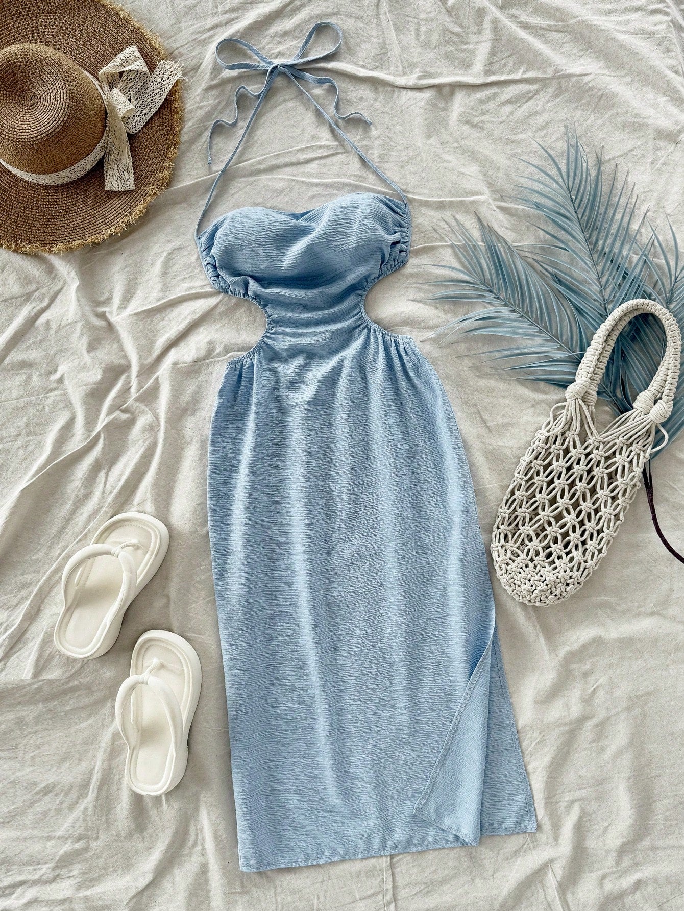 Soleia Light Blue,Summer,Casual,Holiday,Vacation,Holiday,Hollow Out Back Tie-Up Long Dress,Draped Neck,Waist Tie,High Split,No Chest Padding
