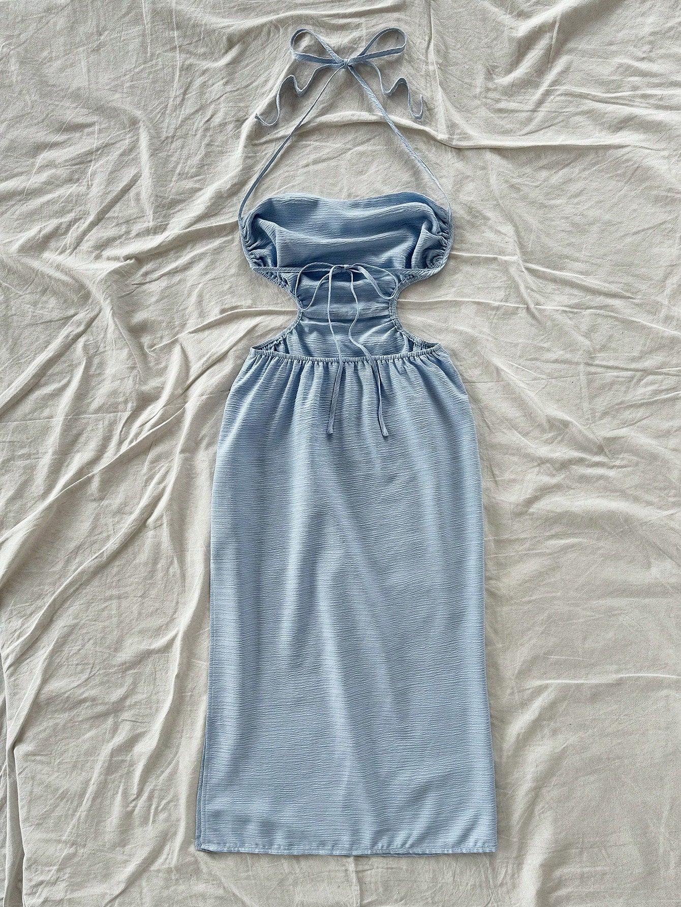 Soleia Light Blue,Summer,Casual,Holiday,Vacation,Holiday,Hollow Out Back Tie-Up Long Dress,Draped Neck,Waist Tie,High Split,No Chest Padding
